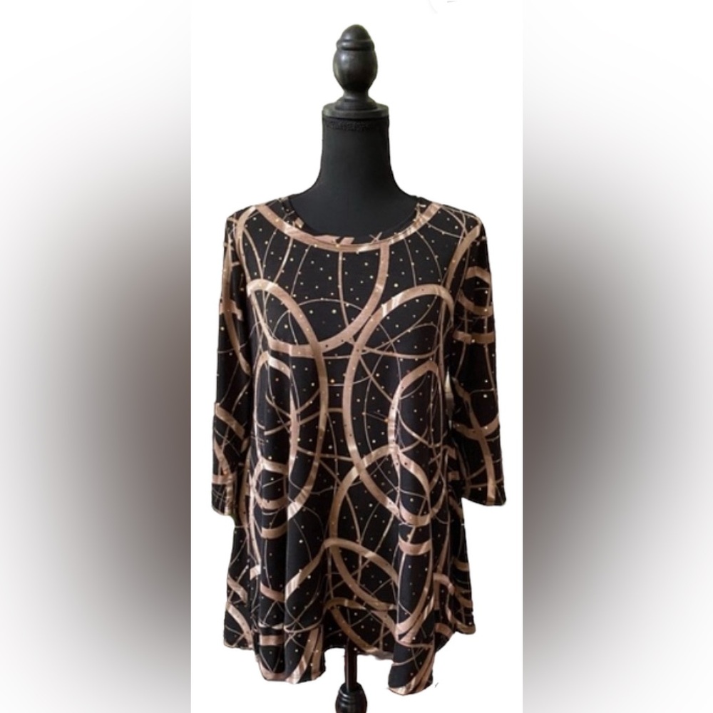 Jostar: Black and Brown Pattern Blouse with Gold Shimmer Dots